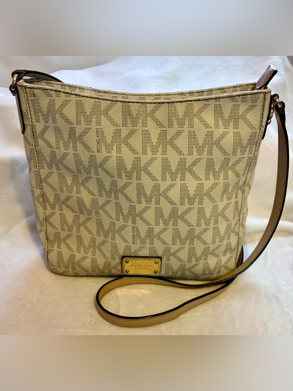 Michael Kors Cream and Tan MK Logo Crossbody Bag